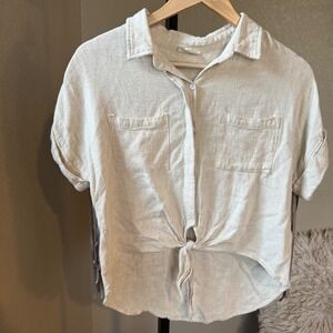143 Story Linen Blend Fringe Back Tie Front Shirt Beige Size S Western Boho‎